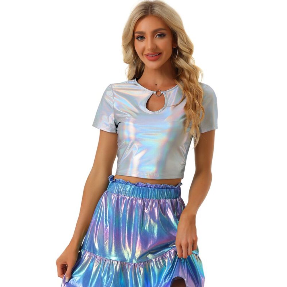 Metallic Keyhole Short Sleeve Party Shiny Holographic Crop Top SilverHolographic